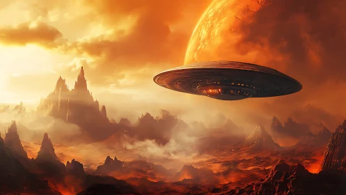 UFO over volcanic alien landscape with large distant planet.