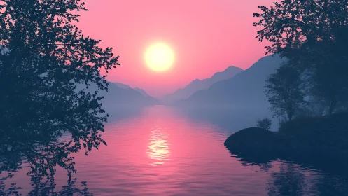 Pink lake sunset over distant mountains and dark trees.