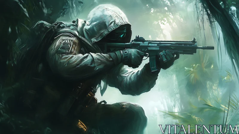 Stealth sniper stalks misty jungle with tactical rifle.