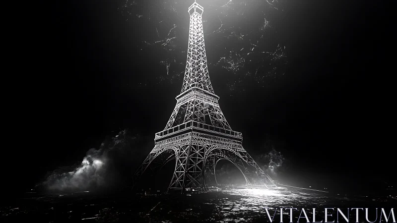 Eiffel Tower rendered in stark monochrome digital light.