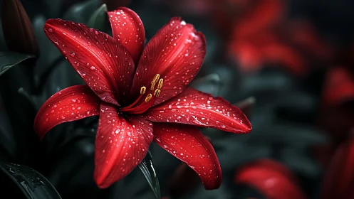 Radiant Red Lily Glistens with Fresh Morning Dew
