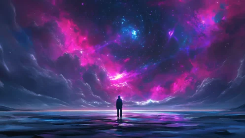 Lone dreamer converses with a swirling neon cosmic sea