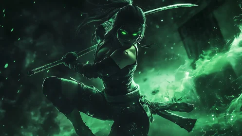 Spectral katana operative in bioluminescent combat haze.