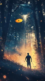 Forest golfer under descending UFO light beam encounter.