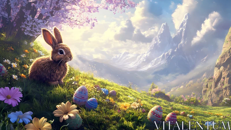 Rabbit among decorated eggs in a sunlit mountain meadow.