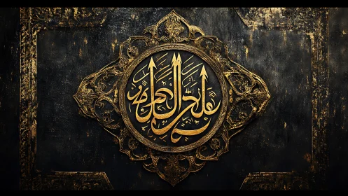 Gold Arabic calligraphy medallion is centered on dark panel