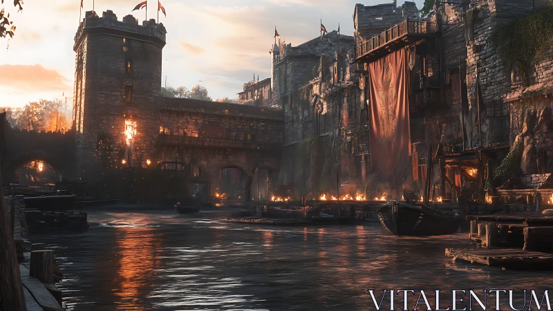 Golden hour settles over a fortified medieval riverside city