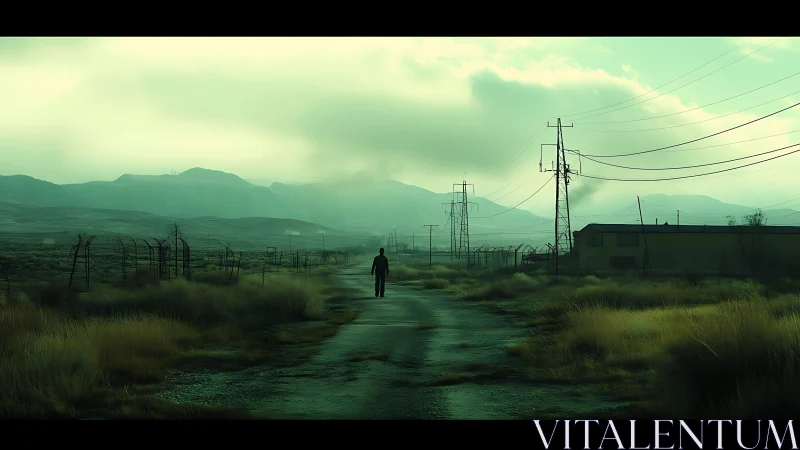 Solitary figure on desolate road under green industrial sky.