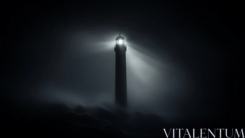 Solitary lighthouse beacon cutting through nocturnal fog.