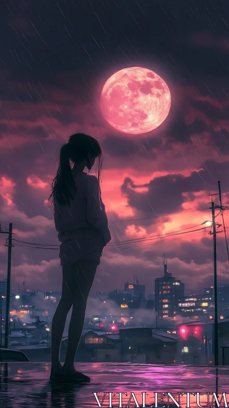 Rain-soaked rooftop girl silently studies the neon moon