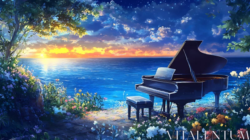Grand piano awaits nightfall beside a glowing ocean sunset