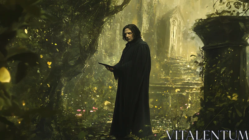 Dark-robed sorcerer in overgrown gothic ruin, dappled light