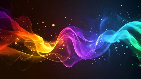 Radiant rainbow light waves swirl across a dark cosmic field.