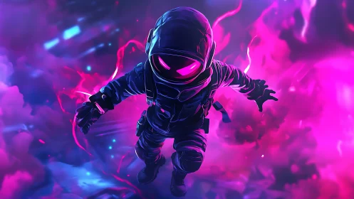 Neon-slick astronaut dives through a storm of liquid starlight