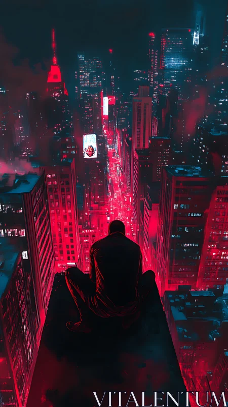 Lone rooftop watcher surveys neon-drenched cyberpunk cityscape.