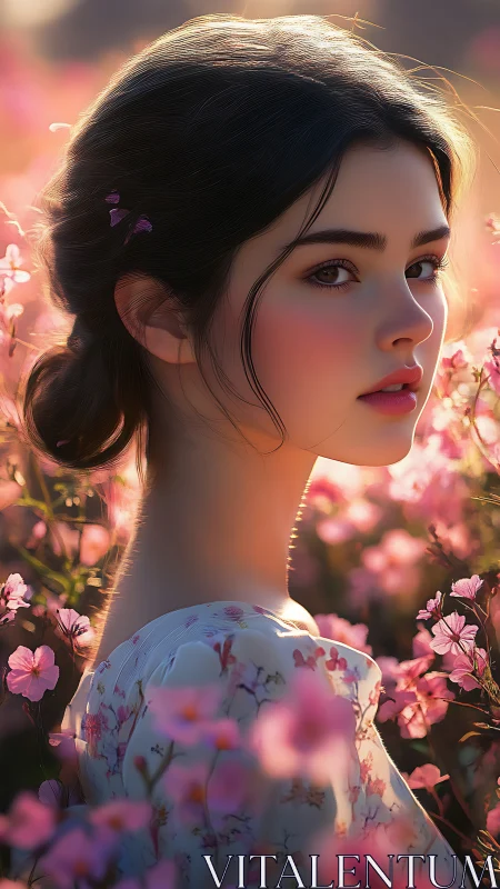 Sunlit portrait of young woman in pink wildflower field