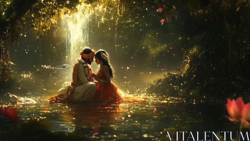 Luminescent Garden Meeting: Romance Beneath Golden Waterfalls.