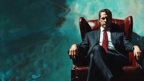 Confident leader resting in a deep red leather armchair.