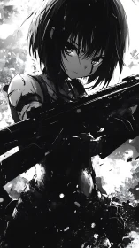 Armed anime girl holds rifle in stark monochrome chaos