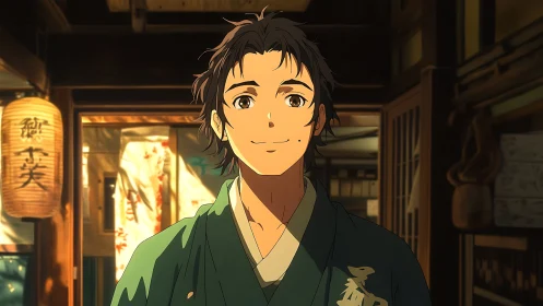 Smiling young man stands in warm lantern lit wooden interior