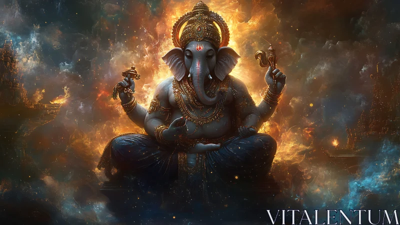Luminous multi-armed elephant deity in nebular firefield.
