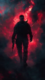 Armed soldier silhouette in red backlit smoke field.