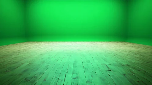Empty interior with wooden floor and bright green backdrop wall.