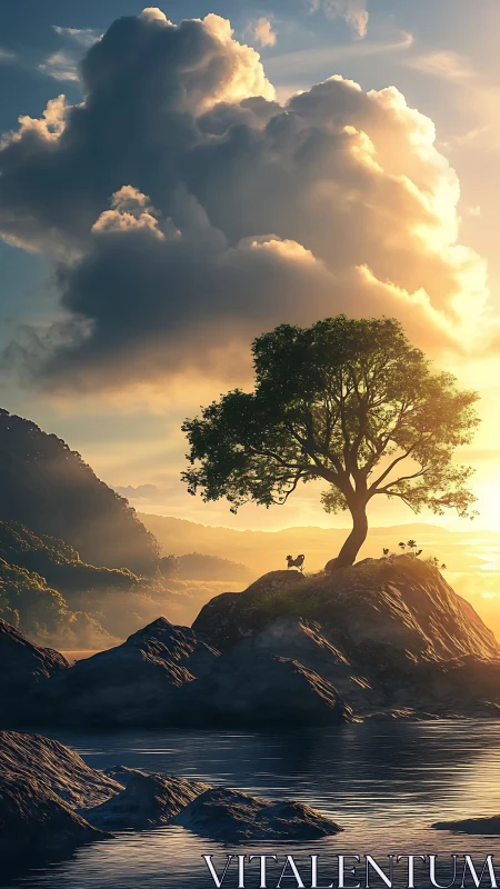 Digital painting of lone tree island under dramatic sunset sky.
