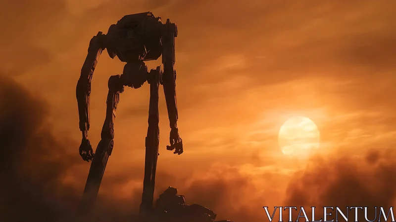 Colossal desert mech silhouette against blazing sunset sky.