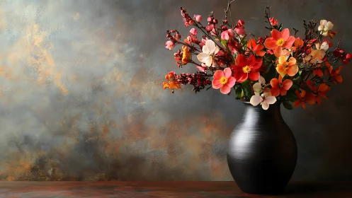 Still Life Arrangement with Vibrant Floral Composition in Metallic Vessel.