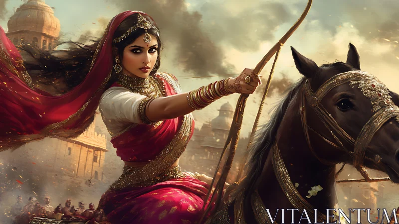 Warrior Queen in Red Sari on Horseback, Epic Digital Art.