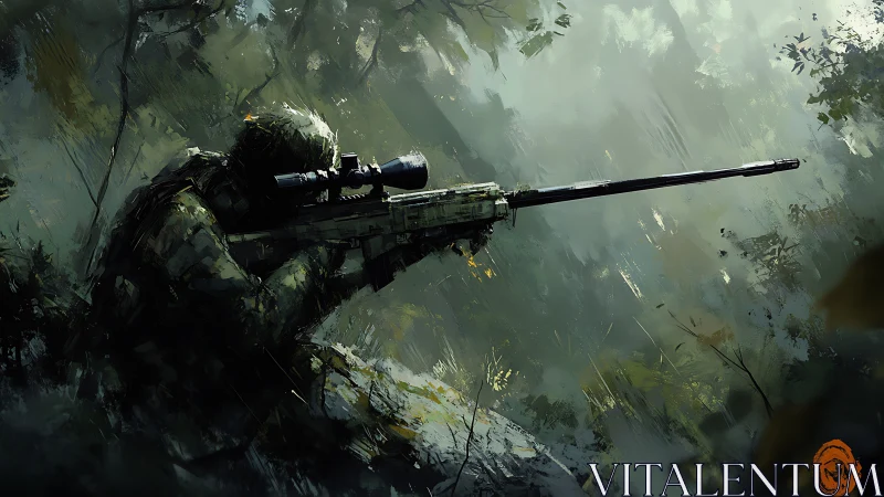 Shrouded Sharpshooter: Verdant Vigil in Misty Wilderness.