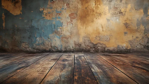Weathered plaster wall with aged wooden floor interior.