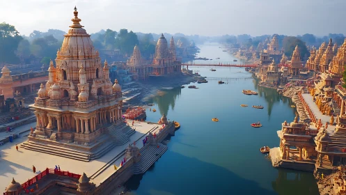 Golden riverside temples glowing in soft morning light.