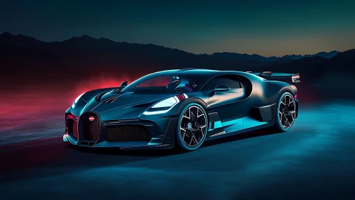 Hypercar rendered in neon cyan and magenta nocturnal lighting