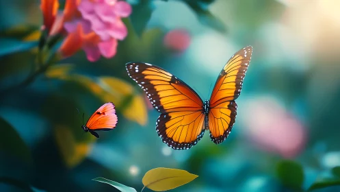 Orange butterflies glide through soft bokeh garden light.