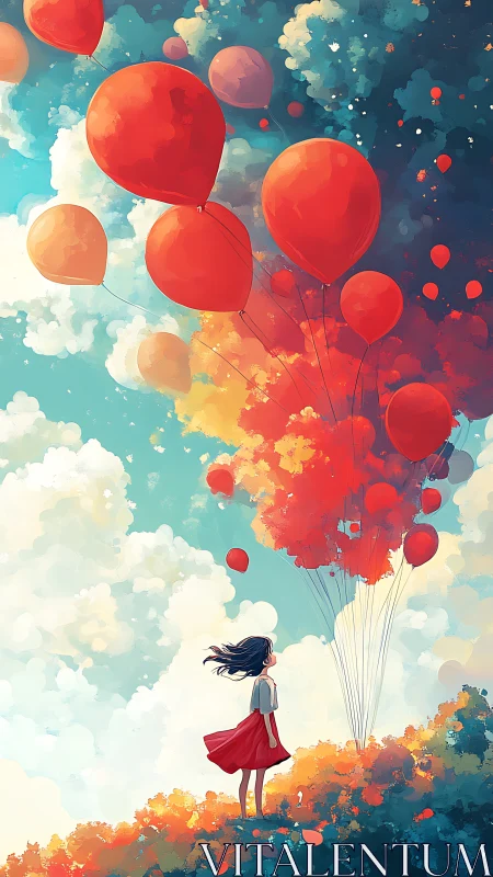 Scarlet balloons drifting above a dreaming girl at dawn.