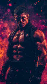 High contrast portrait isolates muscular fighter amid fiery bokeh haze