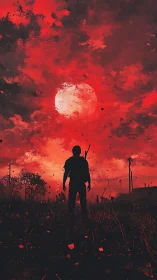 Silhouetted wanderer beneath a blood-red apocalyptic sky.