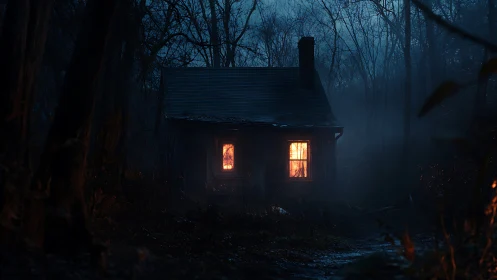 Nocturnal forest cabin with incandescence through misted windows.