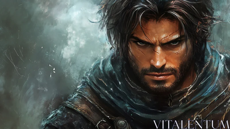 Brooding warrior portrait in stormy digital painting style.