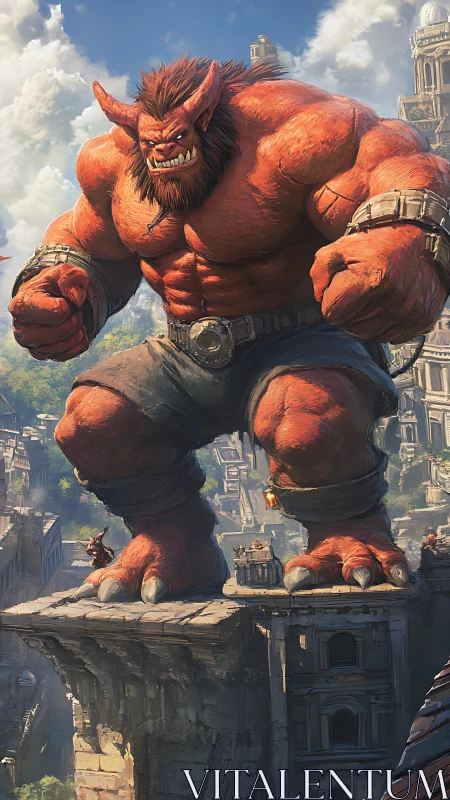 Colossal red ogre towering over crumbling fantasy city.