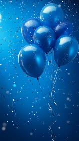Blue Balloons Against Confetti Sky: Dynamic Celebration Composition.