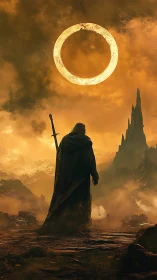 Cloaked warrior beneath burning ring in volcanic wasteland.