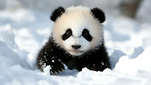 Snow-dusted panda cub in shallow depth-of-field winter habitat