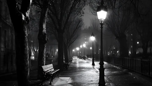 Monochrome riverside promenade under misty lamplight at night.