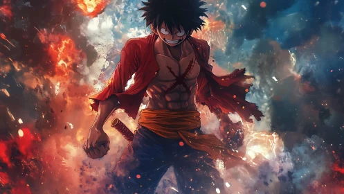 Anime fighter amid explosive clouds and dynamic lighting.