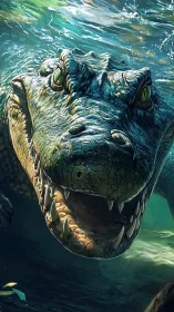 Toothy river titan lunges upward through shivering light