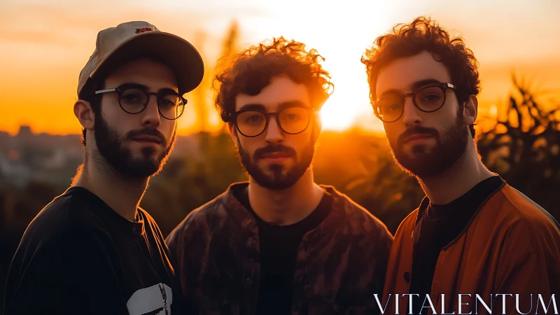 Triptych portrait of three similar men at golden hour backlight