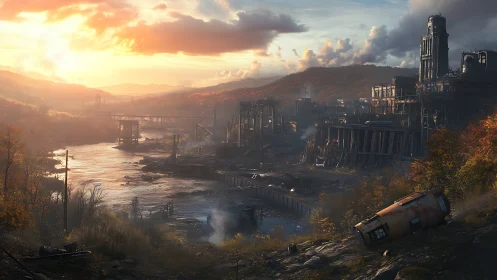 Post-apocalyptic river valley with ruined industrial complex.